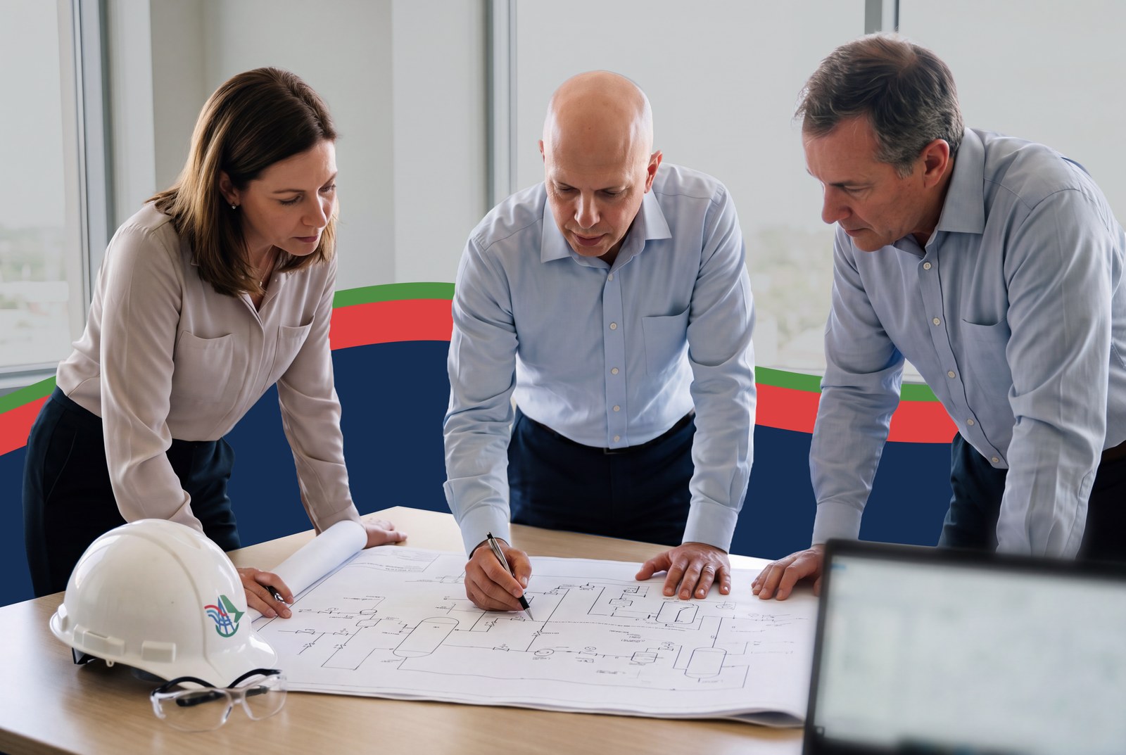 Luis Sánchez reviewing a P&ID with the consulting team